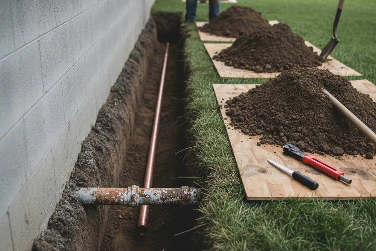 Excavated water line trench during Sewer Line Repair in Sutton